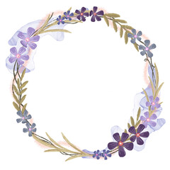Purple violet green flower wreath frame borders with splatters of alcohol ink and glitter