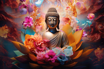 abstract glowing buddha and color painting with flowers