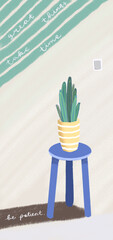 Sunshine on a house plant cartoon crayon phone wallpaper with calligraphy quotes Great Things Take Time, Be Patient