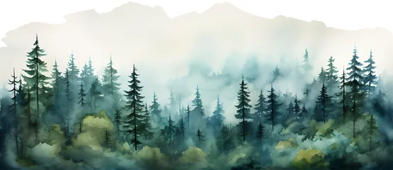 Rolgordijnen zonder boren Mistig bos Ink style forest illustration 1