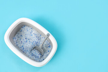 Litter box for cat with scoop on blue background