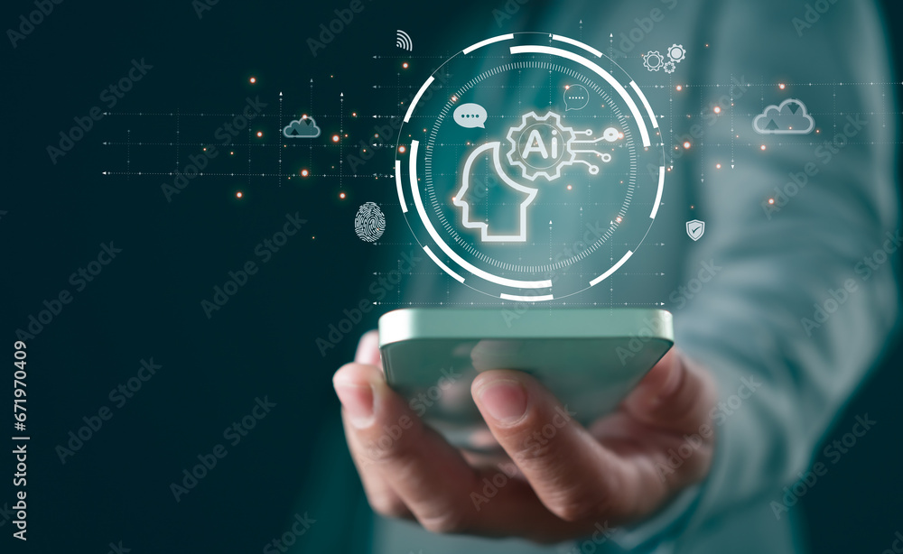 Poster businessman holds smartphone and shows ai brain. shows ai brain network in business analytics, symbo