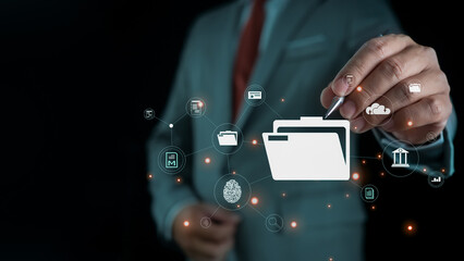 Folder document Management System DMS Open File folder with flying blank documents with computer. Data transfer backup, File Sharing, Document Transferring concept. searching and managing files.