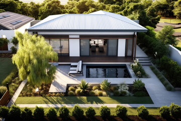 Fototapeta na wymiar Beautiful and modern Australian house with pool and grass lawn