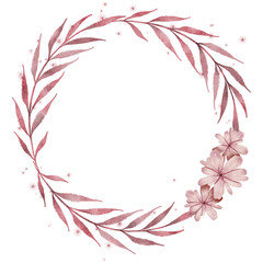 Fototapeta na wymiar Watercolor pink flower with red leaves wreath borders frame and pink fairy lights