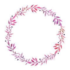 Fototapeta na wymiar Watercolor purple pink flower and leaves wreath borders frame