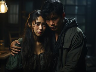 Two individuals share an intimate and intense moment in a dimly lit rustic setting. The woman's apprehensive gaze contrasts with the man's protective demeanor.