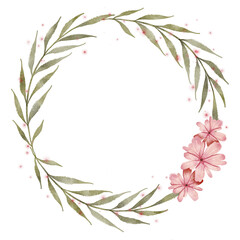Watercolor pink flower with leaves wreath borders frame and pink fairy lights