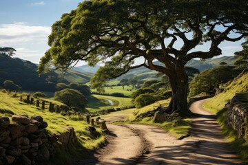 Obraz premium Tree-lined road winding through rolling hills in the countryside, Generative AI