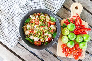 Spicy Oyster Salad, Yum, Thai food concept.