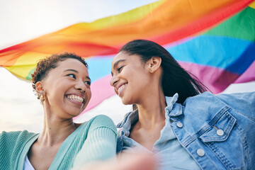 Happy couple, lesbian with women in selfie, pride flag and lgbt relationship with love and...