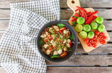Spicy Oyster Salad, Yum, Thai food concept.
