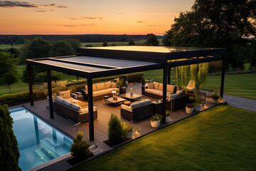 Modern patio furniture include a pergola shade structure, with a pool and grass lawn - obrazy, fototapety, plakaty