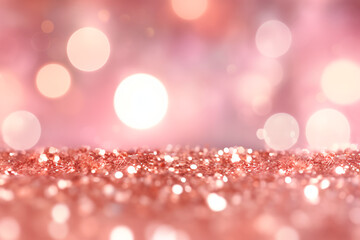 Rose gold and pink glitter, defocused abstract holiday lights background. Bright image - obrazy, fototapety, plakaty