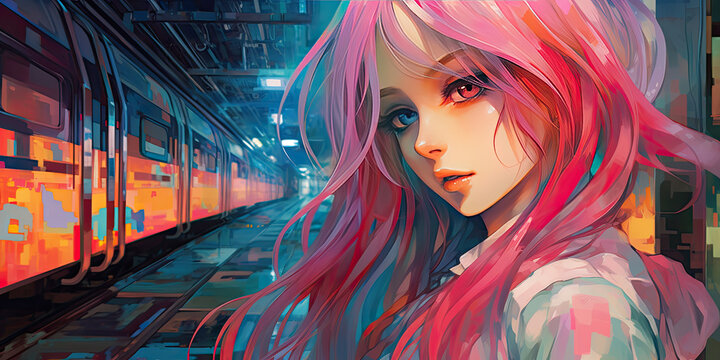 pink anime girl with street background
