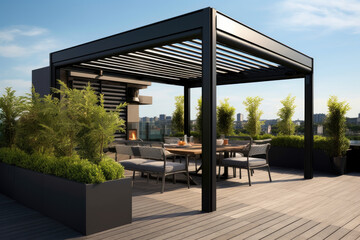 Modern patio furniture include a pergola shade structure, with a pool and grass lawn