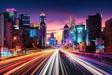 Neon Nightfall: Motion Blur Cityscape of Bangkok