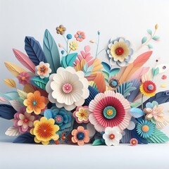 3d rendering paper craft colorful flowers on a white background.	