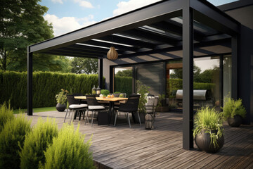 Modern patio furniture include a pergola shade structure, with a pool and grass lawn
