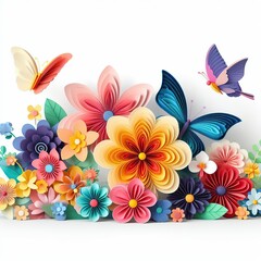 Fototapeta na wymiar 3d rendering paper craft colorful butterfly and flower garden on a white background.