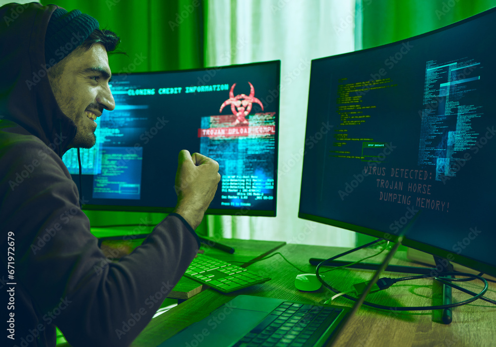 Aufkleber Cybersecurity, crime and happy man programming in neon office with code, fraud and hacking with hoodie. Software, ransomware and hacker on cyber attack, password thief coding online scam and success.
