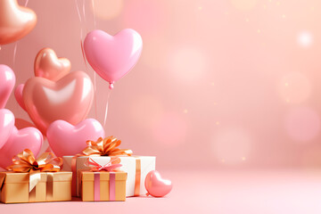 Happy valentines day banner. Pink and gold hearts foil balloons with gifts on pink Valentines Day background. Romantic banner with Copy Space