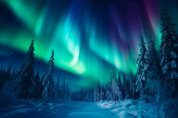 Fototapeta premium Northern lights on the background of a snowy forest, a beautiful landscape of the north pole. Bright image