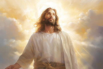 Jesus Christ, Savior of mankind, in heaven light - obrazy, fototapety, plakaty