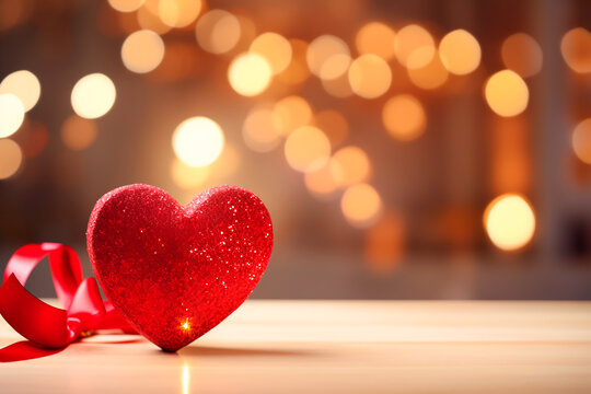 Red heart with ribbon on table with blurred lights background and blurred background. Bright image
