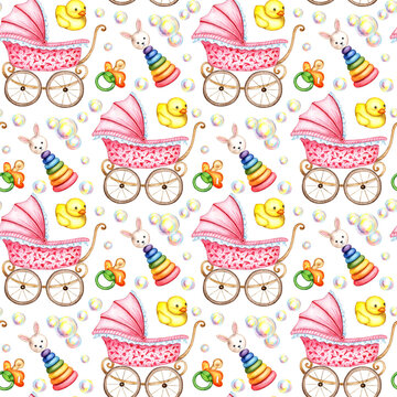Watercolor illustration pattern pink stroller, pyramid, duck, pacifier, soap bubbles, for boys or girls, small children. Clip art for fabric textile baby clothes, wallpaper, wrapping paper, packaging