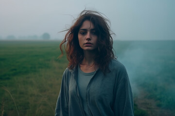 Fototapeta premium A young girl with brown wavy hair in smoke. In a foggy field. Thriller scene