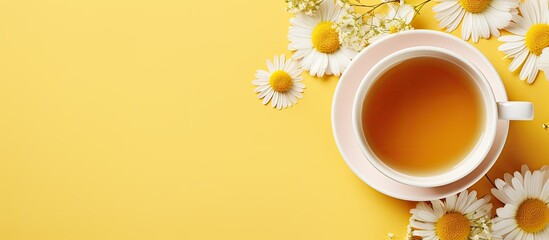 From a top down perspective capture an elevated view of a complete golden tea cup filled with herbal infusion featuring chamomile blossom and linden resting on a saucer The scene is set aga - obrazy, fototapety, plakaty