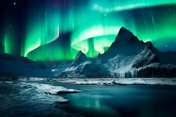 Northern lights on the background of a snowy mountains, a beautiful landscape of the north pole. Bright image - obrazy, fototapety, plakaty