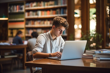 student learning with a laptop in library