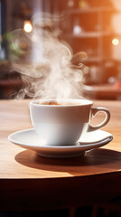 A simple teacup has steam rising from the teacup. On a wooden table at a bright cafe in the morning.