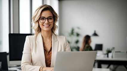 Beautiful business woman in a glasses with smile and a laptop in her hands in the office near a white wall with blank space - Powered by Adobe