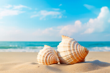 Fototapeta na wymiar Two seashells on a beach with a blue sky in the background. Relaxation on a beach. Bright image