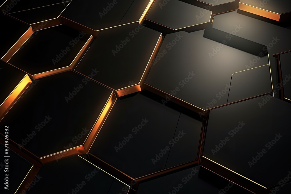 Poster 3d rendering of abstract metallic background with hexagons in black and gold color, luxury hexagonal