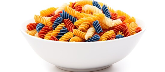 Durum wheat trottole pasta in the tricolor variety arranged in a mound on a white plate to create a visually striking presentation