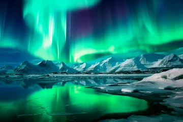 Poster Northern lights on the background of a snowy mountains, a beautiful landscape of the north pole. Bright image © Uliana
