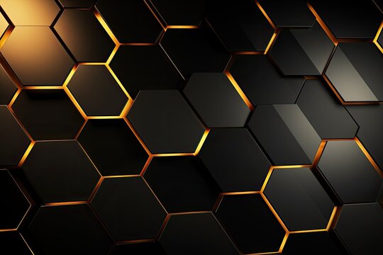 Abstract black and golden hexagon background. 3d render illustration, Luxury hexagonal abstract black metal background with golden light lines, AI Generated