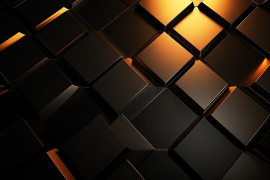 Abstract black and gold cubes background. 3d render illustration. High resolution image, Luxury hexagonal abstract black metal background with golden light lines, AI Generated