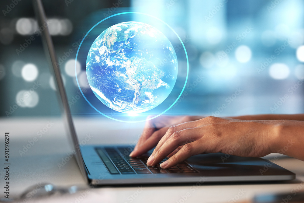 Aufkleber Laptop, hands and Earth hologram with future technology and globe with coding and digital overlay with person typing. Futuristic, tech innovation and 3D with global network, cyber space and big data