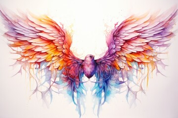 Colorful bird wings on white background. Digital watercolor painting, Magic watercolor wings, AI Generated