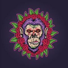 Floral nightmare scary monkey muertos vector illustrations for your work logo, merchandise t-shirt, stickers and label designs, poster, greeting cards advertising business company or brands.
