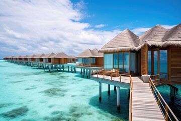 Fototapeta premium tropical beach in Maldives with few palm trees and blue lagoon, Maldives water bungalows, AI Generated