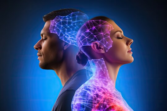 Digital composite of Double exposure of man and woman with brain against blue background, Man and woman with joint pain in their heads, conceptual image, hologram , AI Generated