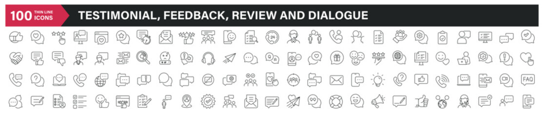 Testimonial, feedbac, review and dialogue thin line icons. Editable stroke. For website marketing design, logo, app, template, ui, etc. Vector illustration. - obrazy, fototapety, plakaty