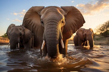 Group of elephants at a watering hole, Generative AI - obrazy, fototapety, plakaty