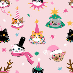 Seamless pattern with Cute cartoon cats wearing different Christmas outfits.  Hand drawn vector illustration. Funny xmas background. - 671977092